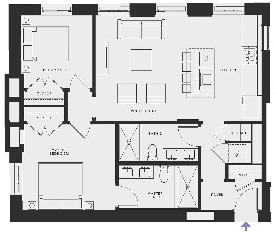 Floor plan for 2 beds, 2 baths, 1036 sqft